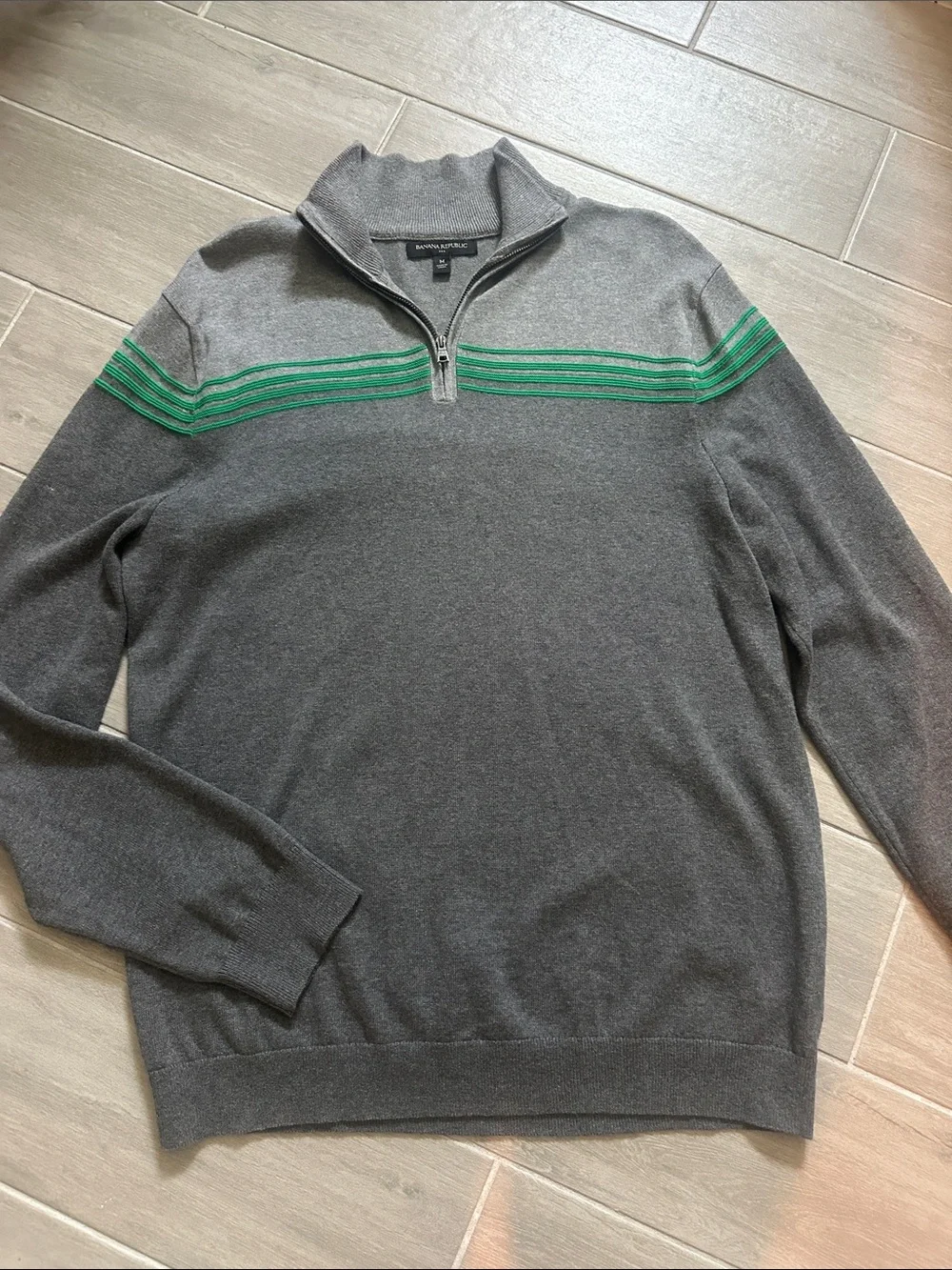 Banana Republic Gray Sweater with Green Chest Stripes - Quarter Zip